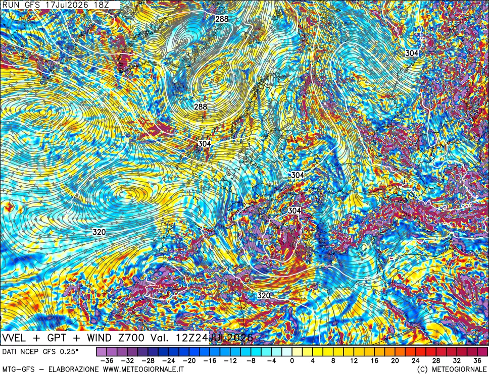 mappa 700 hPa Velocit&agrave; verticiali + GPT + Vento