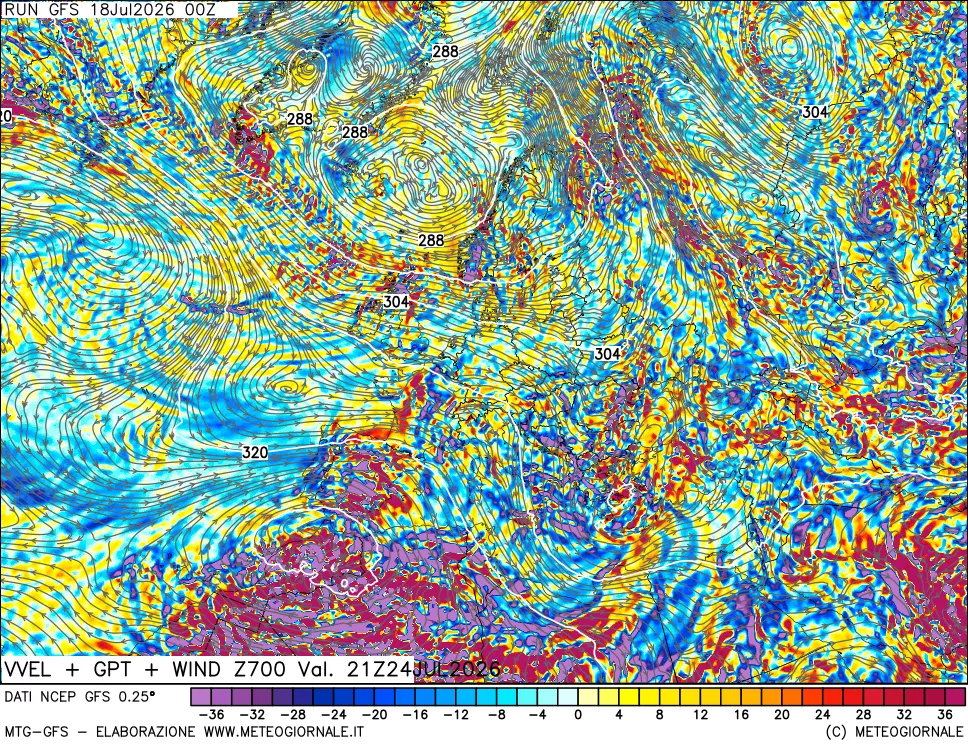 mappa 700 hPa Velocit&agrave; verticiali + GPT + Vento