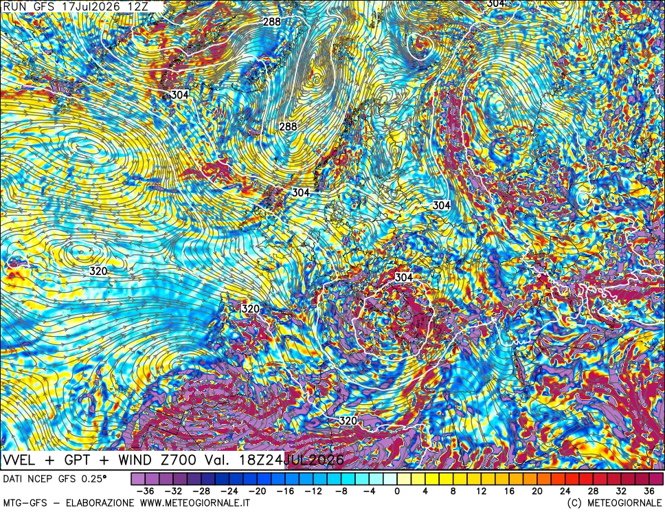 mappa 700 hPa Velocit&agrave; verticiali + GPT + Vento