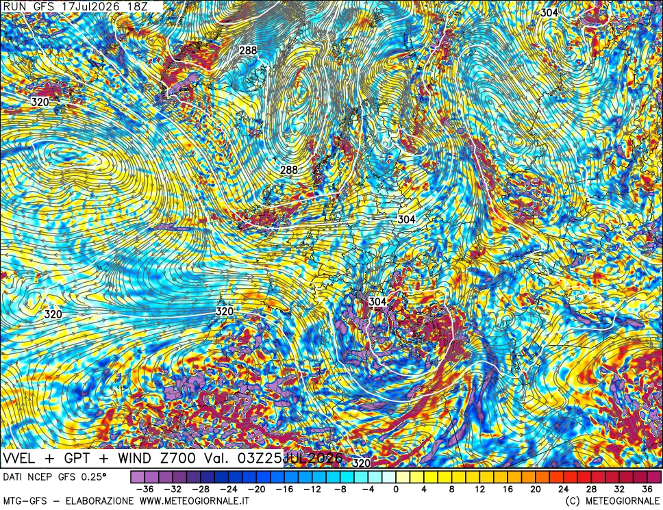 mappa 700 hPa Velocit&agrave; verticiali + GPT + Vento