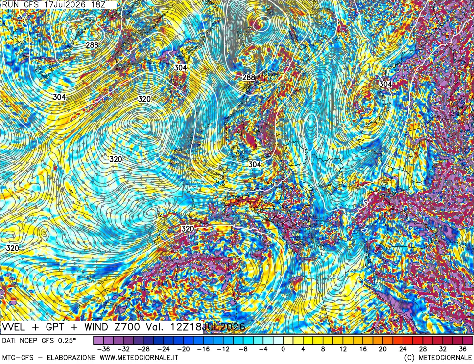 mappa 700 hPa Velocit&agrave; verticiali + GPT + Vento