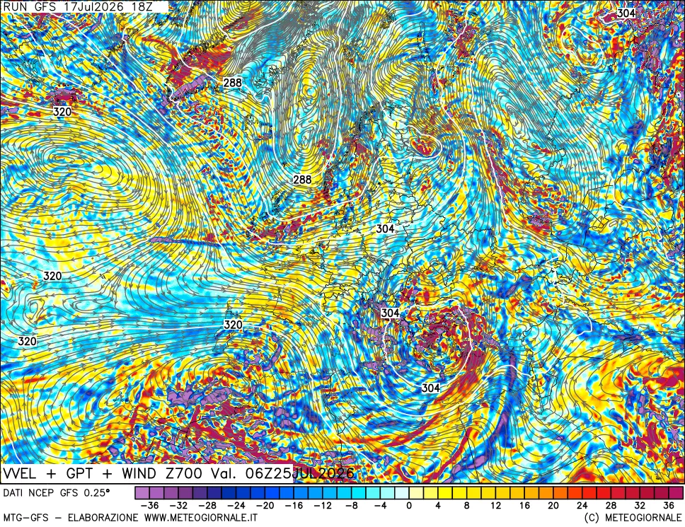 mappa 700 hPa Velocit&agrave; verticiali + GPT + Vento