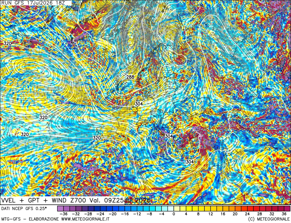 mappa 700 hPa Velocit&agrave; verticiali + GPT + Vento