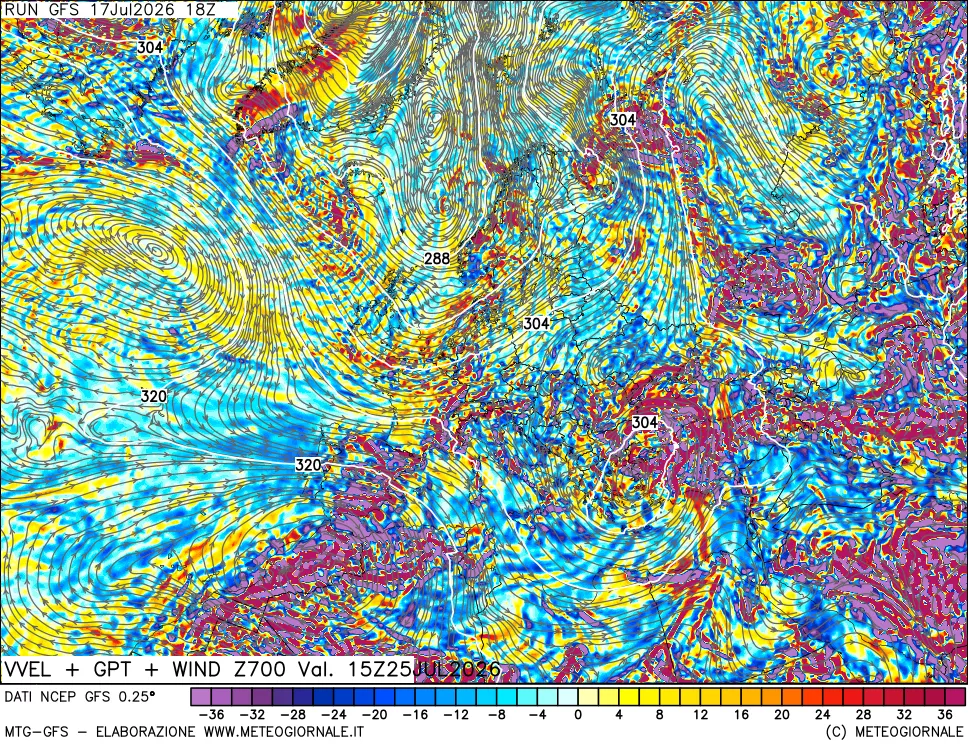 mappa 700 hPa Velocit&agrave; verticiali + GPT + Vento