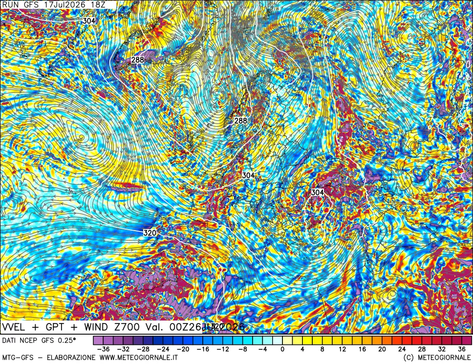 mappa 700 hPa Velocit&agrave; verticiali + GPT + Vento
