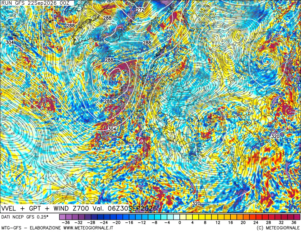 mappa 700 hPa Velocità verticiali + GPT + Vento