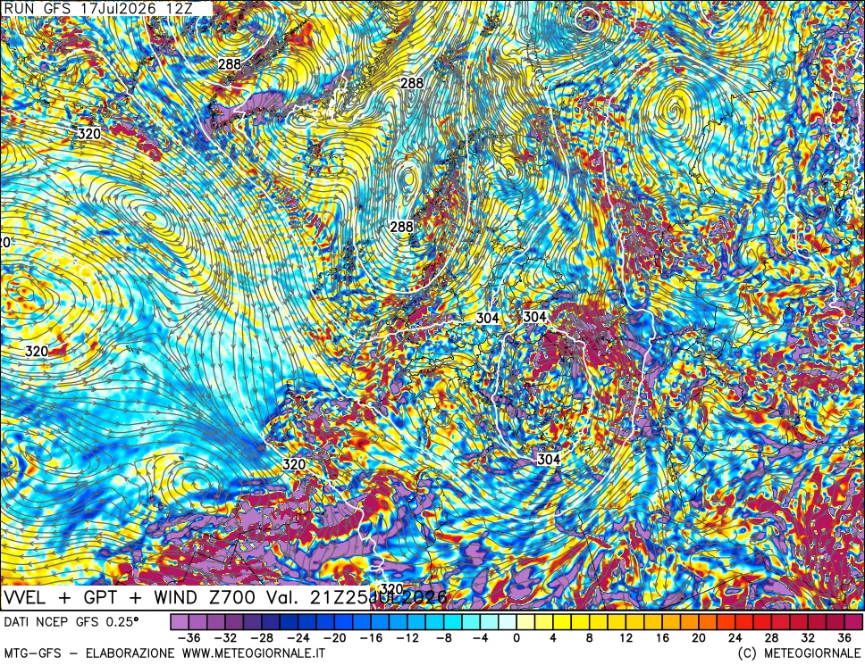 mappa 700 hPa Velocit&agrave; verticiali + GPT + Vento