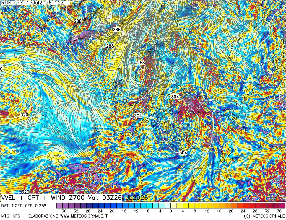 mappa 700 hPa Velocit&agrave; verticiali + GPT + Vento