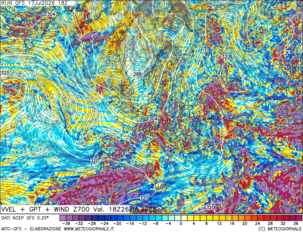 mappa 700 hPa Velocit&agrave; verticiali + GPT + Vento