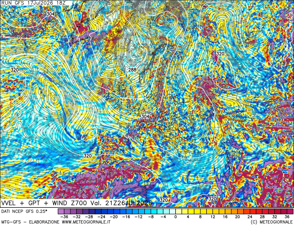 mappa 700 hPa Velocit&agrave; verticiali + GPT + Vento