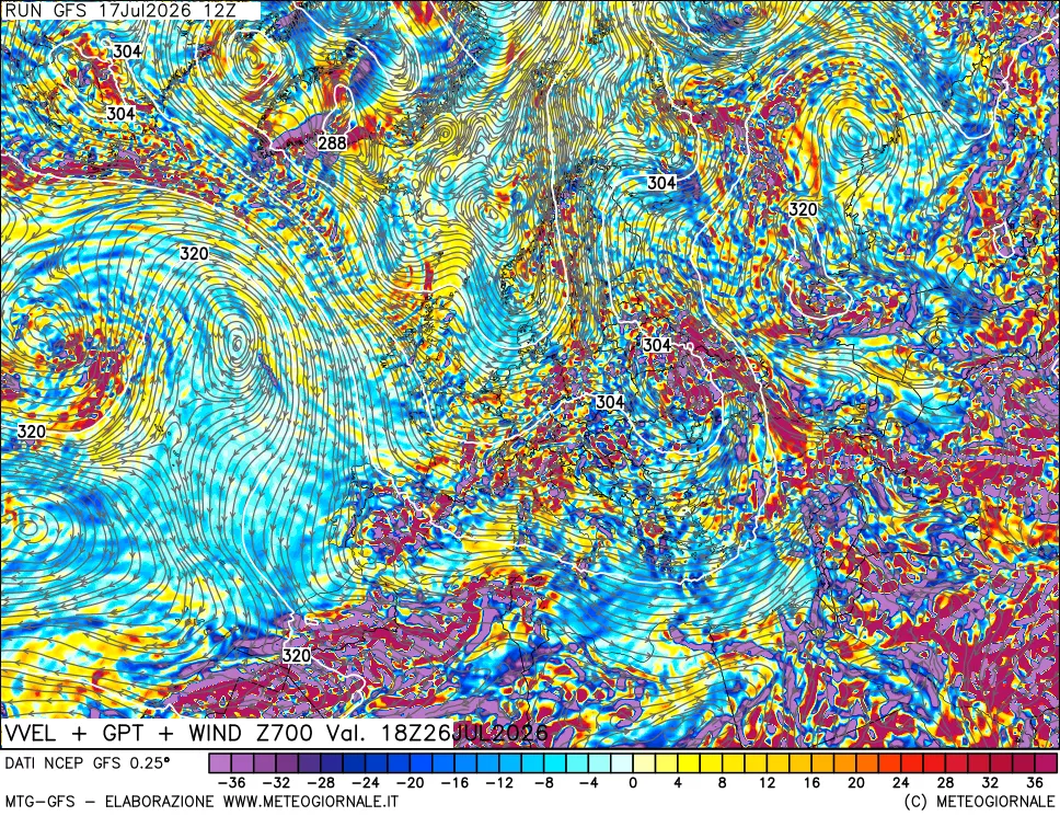 mappa 700 hPa Velocit&agrave; verticiali + GPT + Vento