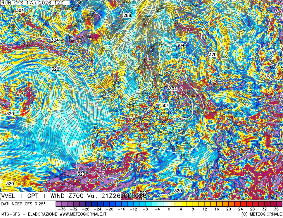 mappa 700 hPa Velocit&agrave; verticiali + GPT + Vento