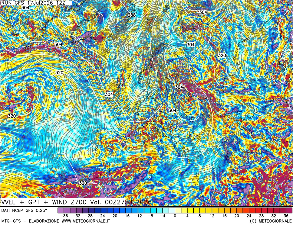 mappa 700 hPa Velocit&agrave; verticiali + GPT + Vento