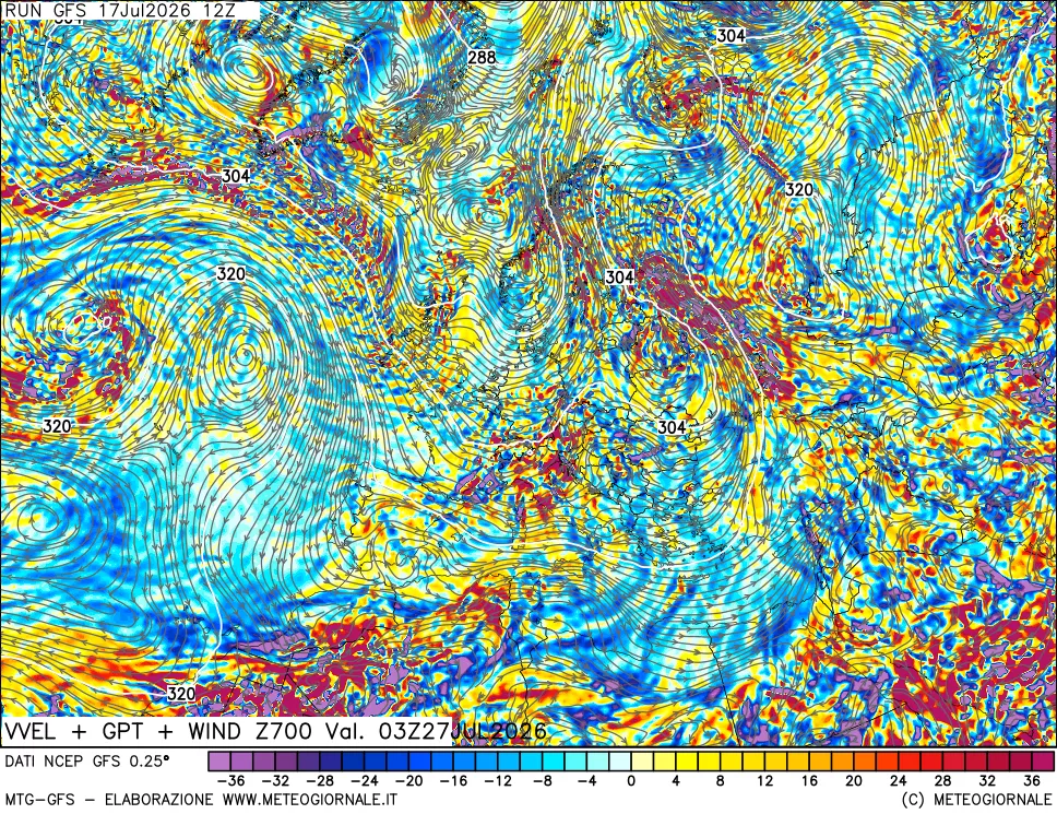 mappa 700 hPa Velocit&agrave; verticiali + GPT + Vento