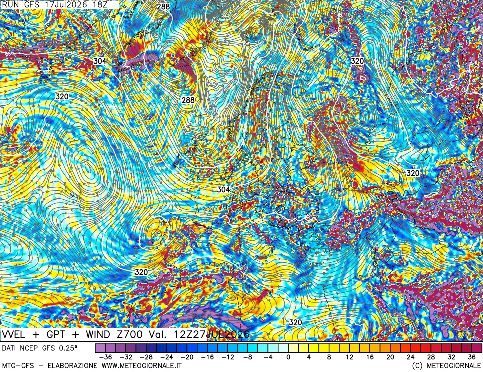 mappa 700 hPa Velocit&agrave; verticiali + GPT + Vento