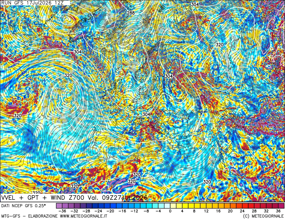 mappa 700 hPa Velocit&agrave; verticiali + GPT + Vento