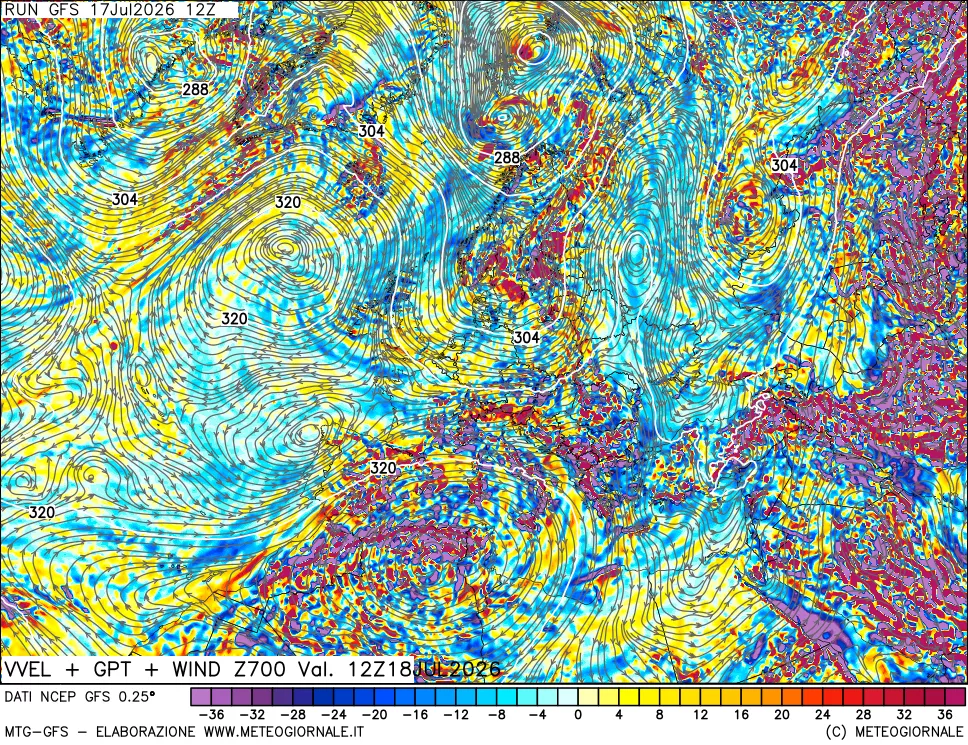 mappa 700 hPa Velocit&agrave; verticiali + GPT + Vento