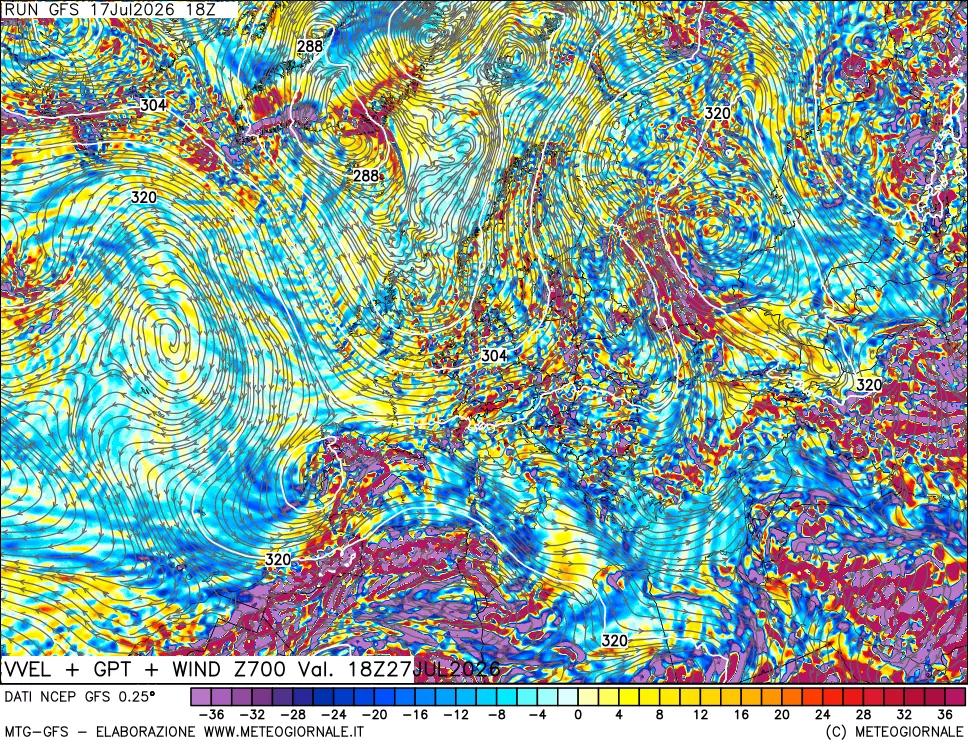 mappa 700 hPa Velocit&agrave; verticiali + GPT + Vento