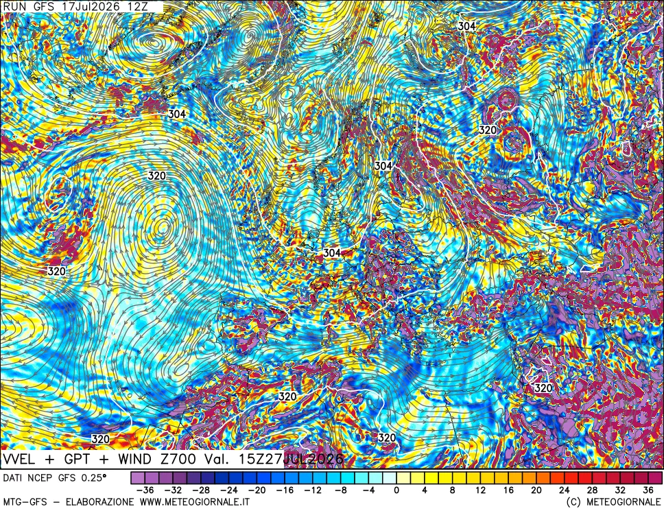 mappa 700 hPa Velocit&agrave; verticiali + GPT + Vento