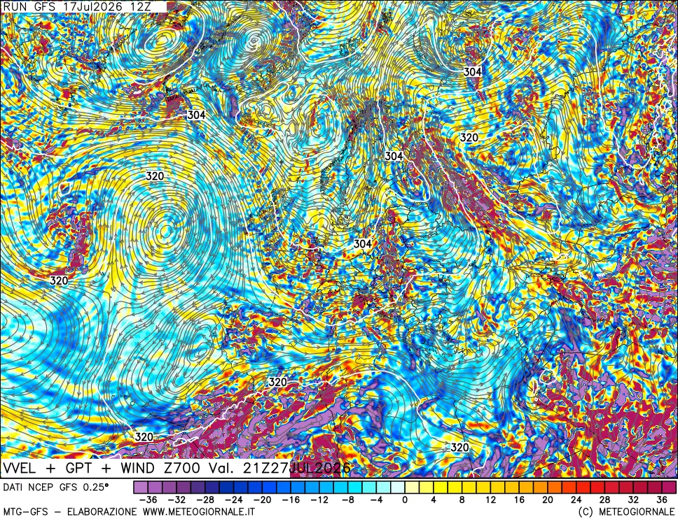 mappa 700 hPa Velocit&agrave; verticiali + GPT + Vento