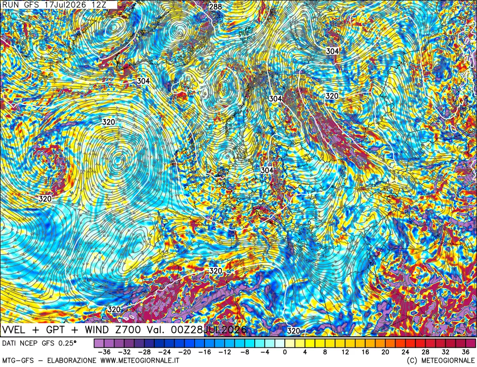 mappa 700 hPa Velocit&agrave; verticiali + GPT + Vento