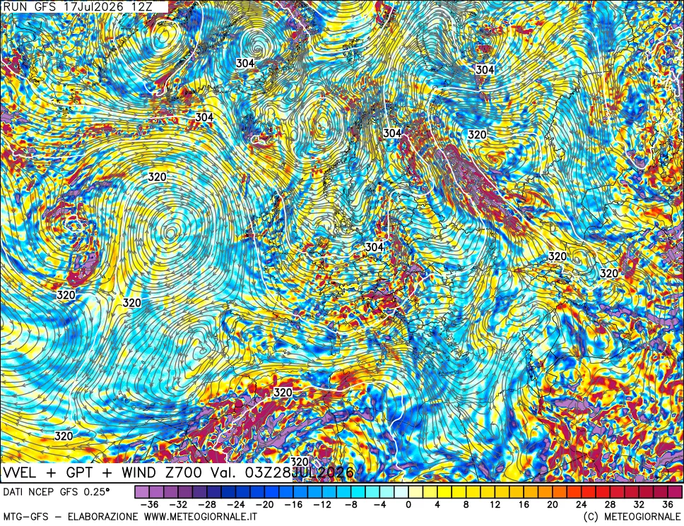 mappa 700 hPa Velocit&agrave; verticiali + GPT + Vento