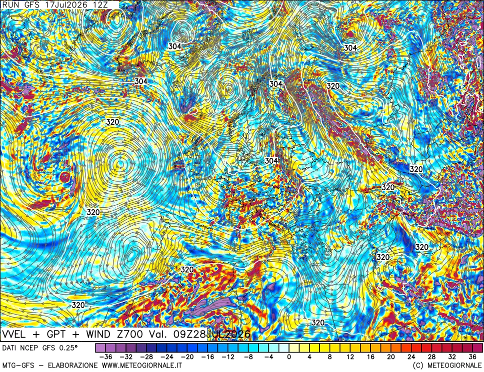 mappa 700 hPa Velocit&agrave; verticiali + GPT + Vento