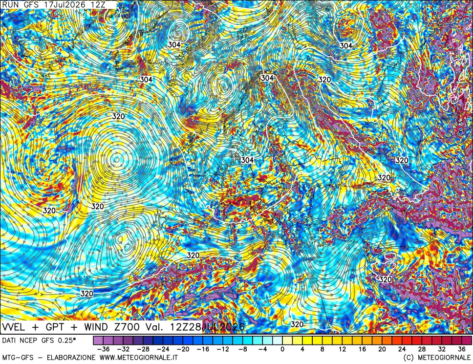 mappa 700 hPa Velocit&agrave; verticiali + GPT + Vento