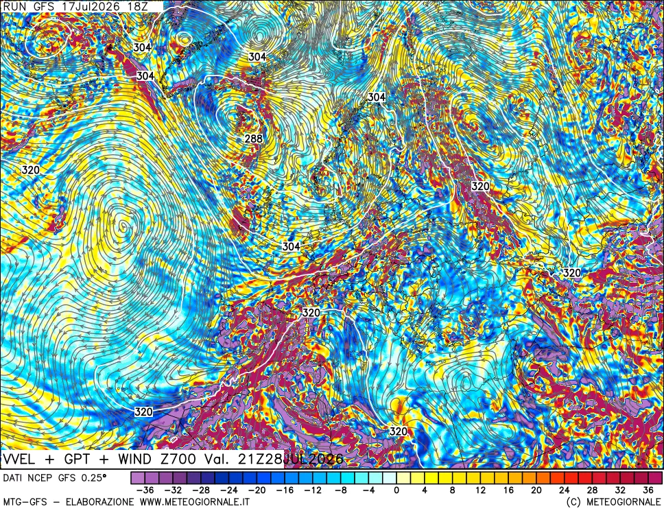 mappa 700 hPa Velocit&agrave; verticiali + GPT + Vento