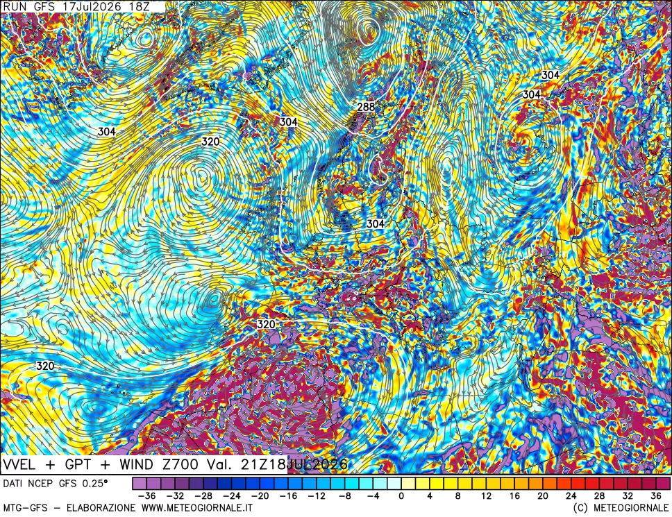 mappa 700 hPa Velocit&agrave; verticiali + GPT + Vento