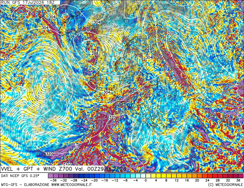 mappa 700 hPa Velocit&agrave; verticiali + GPT + Vento