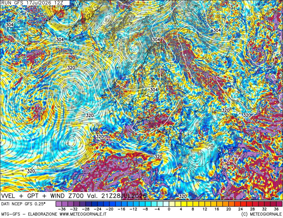 mappa 700 hPa Velocit&agrave; verticiali + GPT + Vento