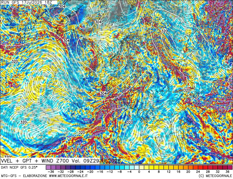 mappa 700 hPa Velocit&agrave; verticiali + GPT + Vento