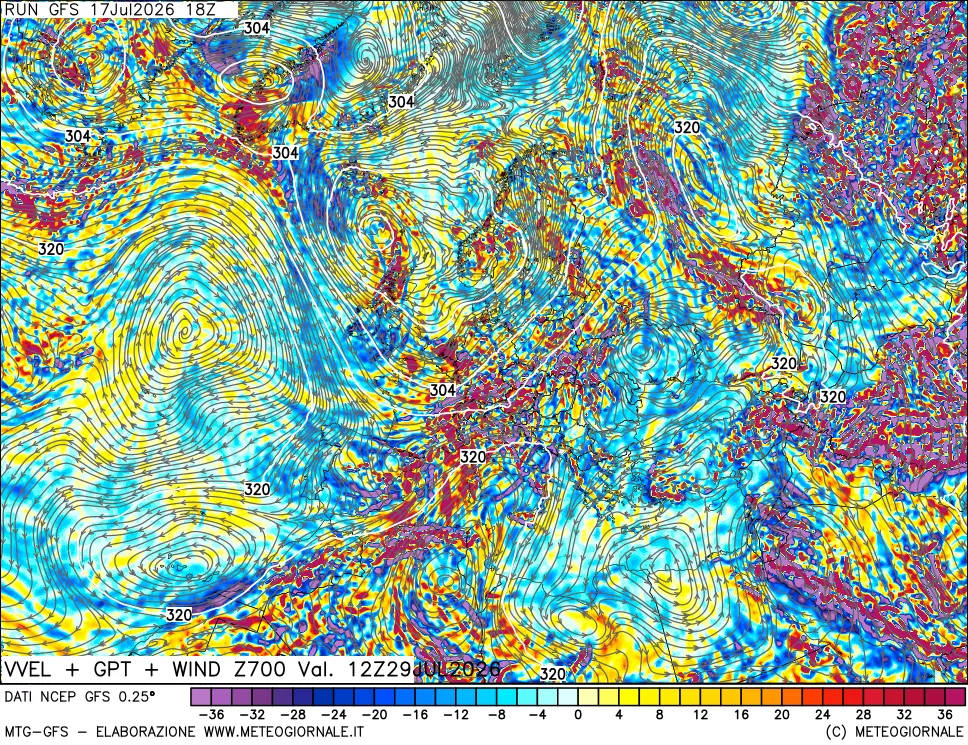 mappa 700 hPa Velocit&agrave; verticiali + GPT + Vento