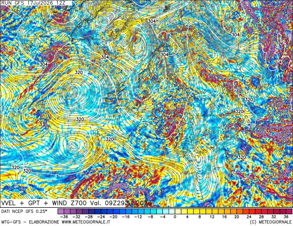 mappa 700 hPa Velocit&agrave; verticiali + GPT + Vento
