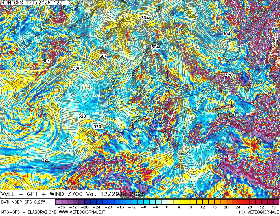 mappa 700 hPa Velocit&agrave; verticiali + GPT + Vento