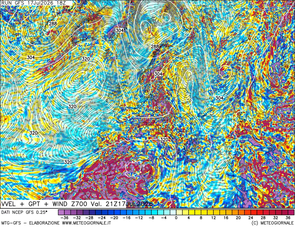 mappa 700 hPa Velocit&agrave; verticiali + GPT + Vento