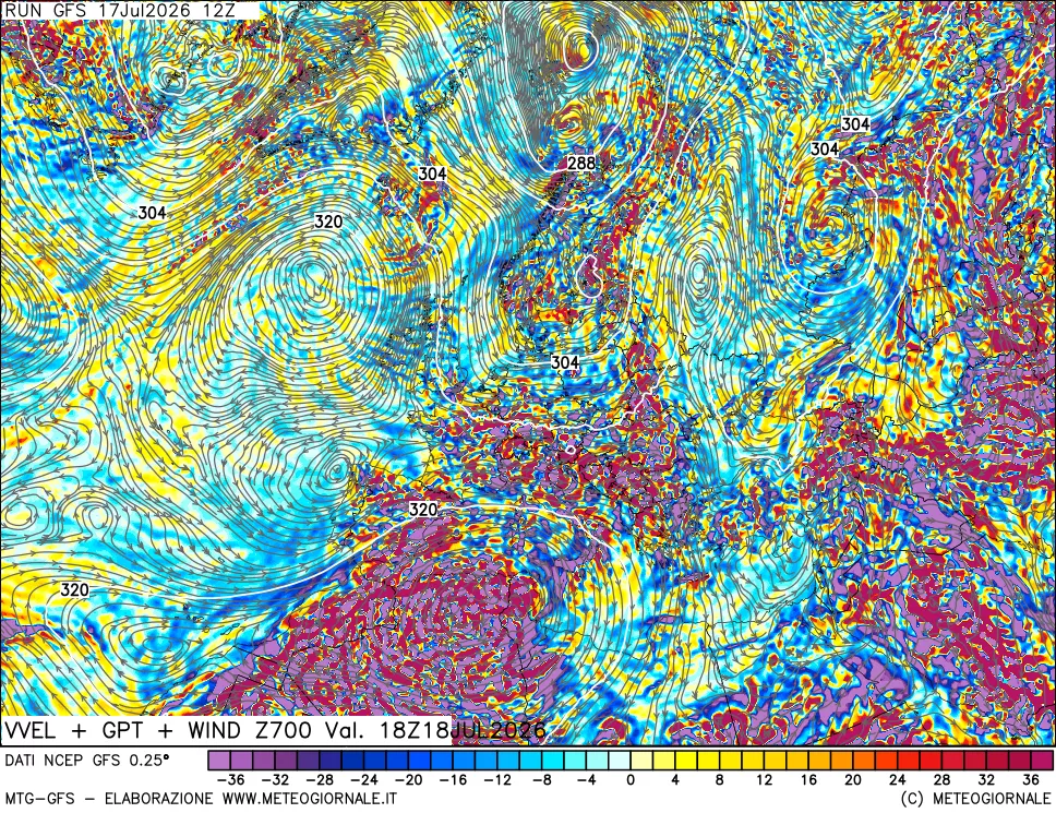 mappa 700 hPa Velocit&agrave; verticiali + GPT + Vento