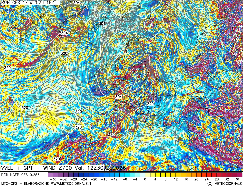 mappa 700 hPa Velocit&agrave; verticiali + GPT + Vento