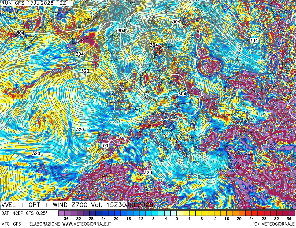 mappa 700 hPa Velocit&agrave; verticiali + GPT + Vento
