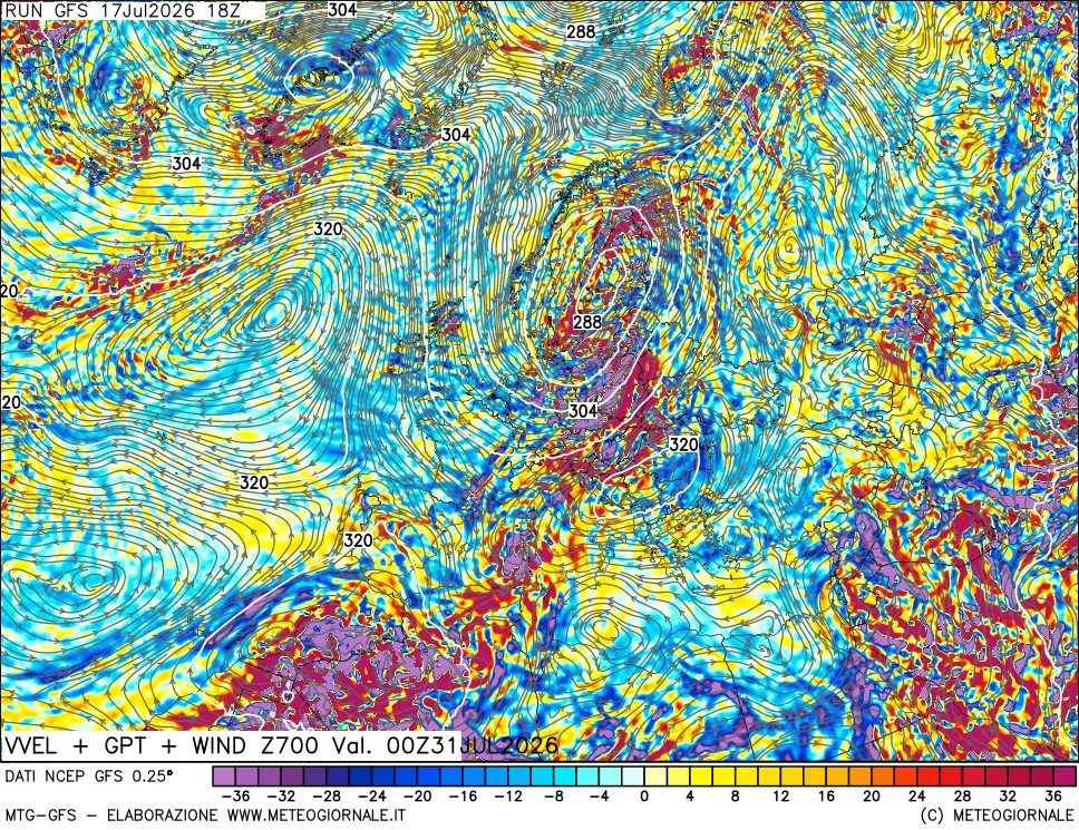 mappa 700 hPa Velocit&agrave; verticiali + GPT + Vento