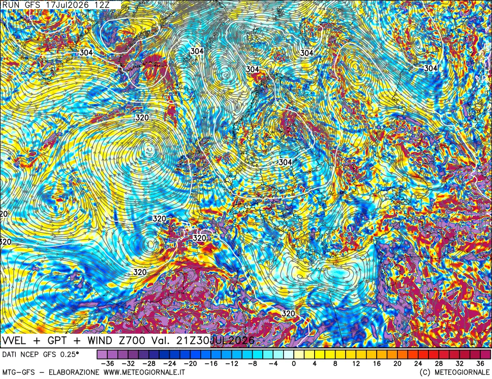 mappa 700 hPa Velocit&agrave; verticiali + GPT + Vento