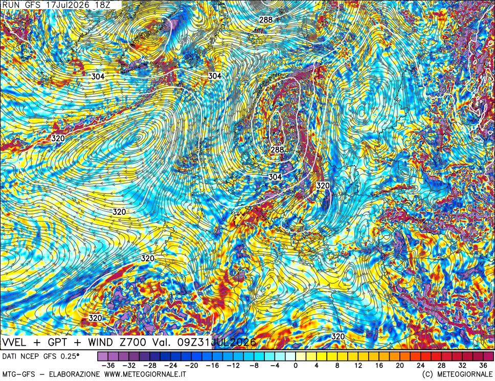 mappa 700 hPa Velocit&agrave; verticiali + GPT + Vento