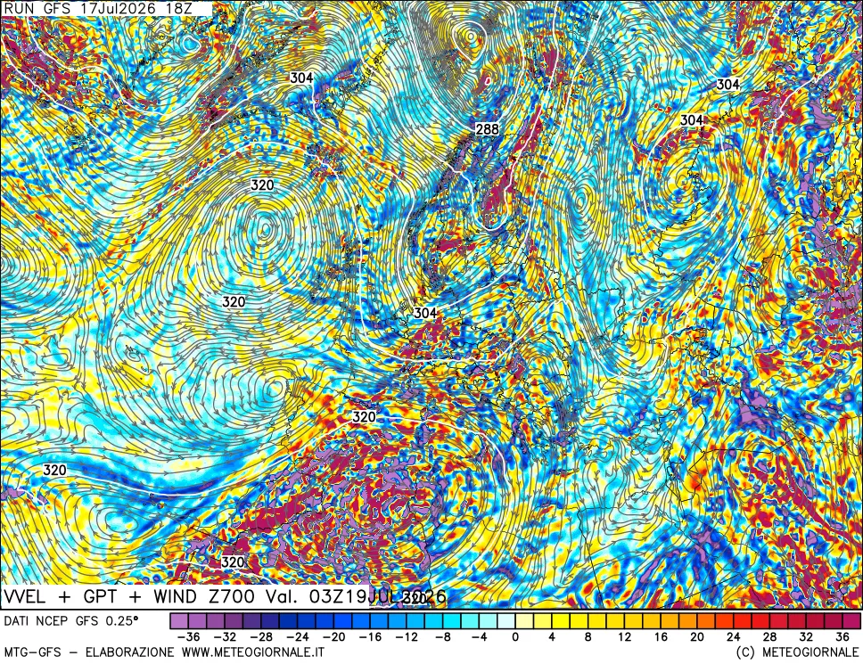 mappa 700 hPa Velocit&agrave; verticiali + GPT + Vento