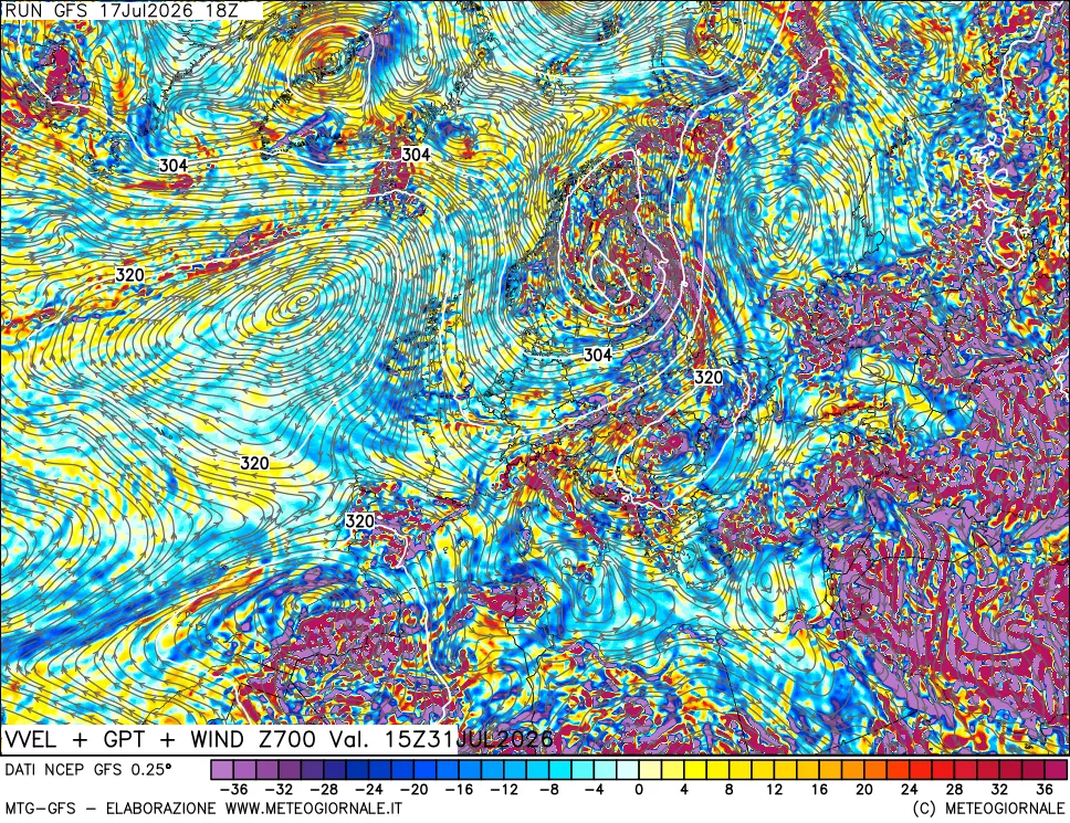 mappa 700 hPa Velocit&agrave; verticiali + GPT + Vento