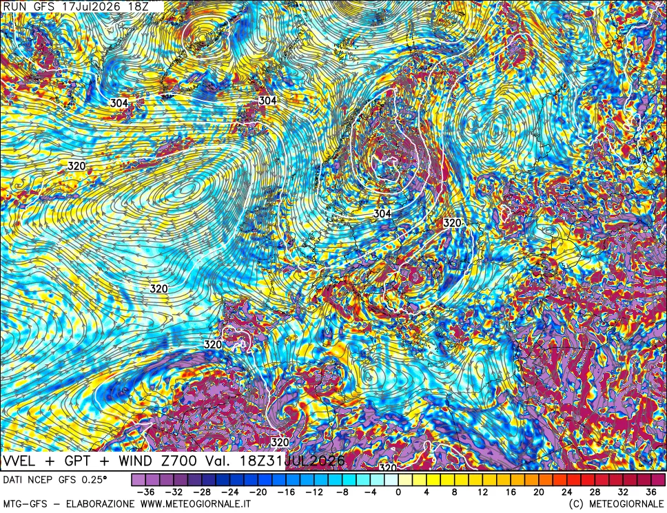mappa 700 hPa Velocit&agrave; verticiali + GPT + Vento