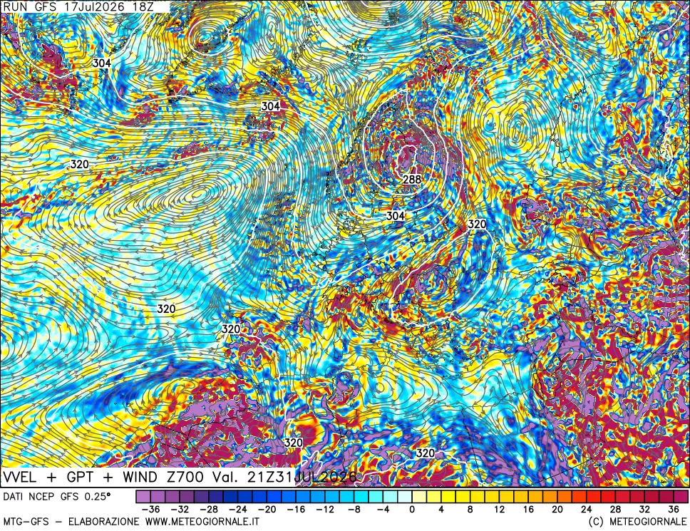 mappa 700 hPa Velocit&agrave; verticiali + GPT + Vento
