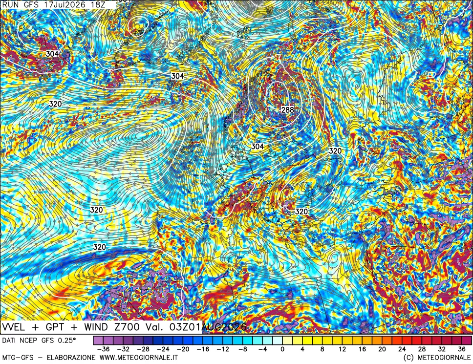 mappa 700 hPa Velocit&agrave; verticiali + GPT + Vento