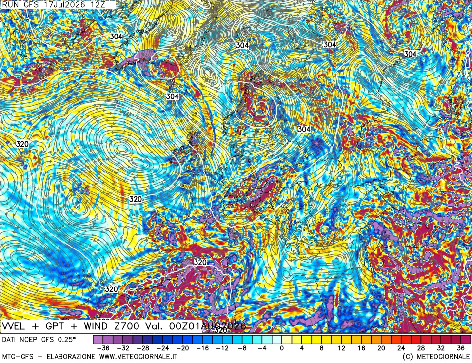 mappa 700 hPa Velocit&agrave; verticiali + GPT + Vento