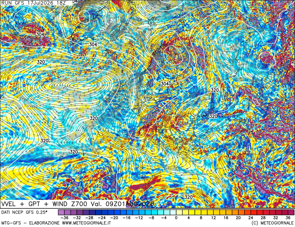 mappa 700 hPa Velocit&agrave; verticiali + GPT + Vento